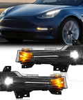 Heavy Duty LED Fog Light Kit For 2017 To 2022 Tesla Model 3 And 2019 To 2024 Model Y, front view with white and amber lights.