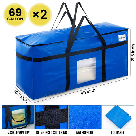 Giant 69 Gallon Extra Large Storage Bags Heavy Duty Moving Bags With Visible Window And Wrap Around Handles Blue 2 Pack Space Saving Totes Alternative To Moving Boxes, showing dimensions and features like reinforced stitching and waterproof material.