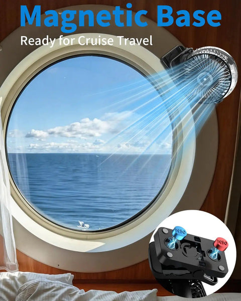 Magnetic Golf Cart Clip On Mist Fan with light attached to cruise ship window, ocean view, showcasing magnetic base.