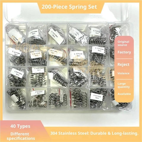 Pro Grade Industrial Compression Spring Set With 200 Pieces 40 Different Sizes Of Mini Steel Springs color coded in box