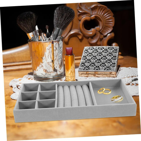 Chic Five Grid Jewelry Organizer Tray For Dresser Drawer With Cozy Flannel Interior And Polished Faux Leather Exterior filled with rings.