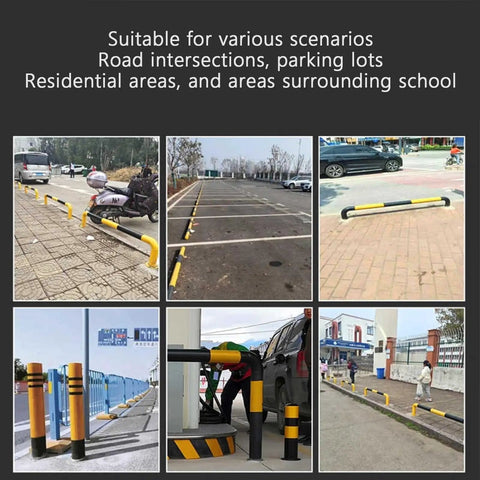 M Shaped Guardrail Anti Collision Bar for Heavy Duty Safety, yellow-black striped guardrails in various settings, bolt-on floor mount.