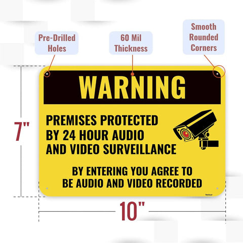 Top Shelf Video Audio Surveillance Warning Sign, 7x10 inch 60 Mil Aluminum with pre-drilled holes for easy mounting.
