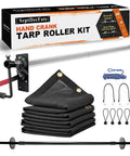 Dump Truck And Trailer Tarp Kit With Rear Anti-Sail Bow, Aluminum Roller, 5ft By 14ft PVC Mesh, Easy Install Tarp System For Dump Trailers, Heavy Duty Weatherproof Covering That Keeps Loads Secure. Hand crank tarp roller kit with folded PVC mesh tarp and hardware.