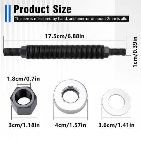 Chevy Harmonic Balancer Installation Tool 66515 For SBC And BBC Cranks size details with threaded end press and washers.