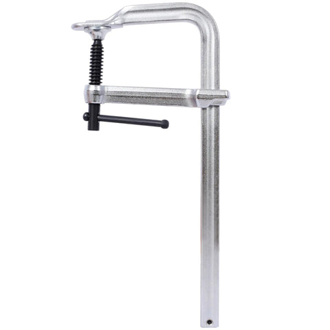 Heavy Duty Drop Forged Steel F Clamps 1400 Lbs Force 12 Inch Jaw Opening 4-3/4 Inch Throat Depth Pack Of 4 side view of a sturdy F clamp.