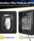 Tough As Nails Outdoor EV Charger Enclosure Wall Box With Combo Lock For Tesla And Chargepoint showing both Tesla and J1772 connectors.