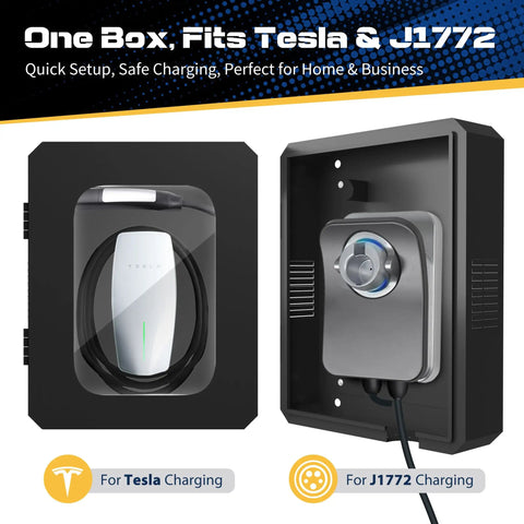 Tough As Nails Outdoor EV Charger Enclosure Wall Box With Combo Lock For Tesla And Chargepoint showing both Tesla and J1772 connectors.