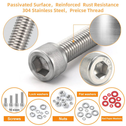 Close-up of 304 stainless steel socket head cap screw from Metric Nuts And Bolts Kit With 1415 Pieces For M2 To M5 Sizes.
