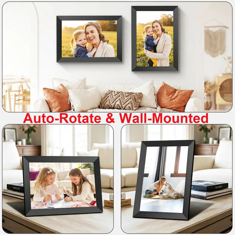 10.1 Inch WiFi Digital Photo Frame with 1280x800 HD IPS Touch Screen Auto Rotate Wall Mountable Easy Setup displayed in living room.