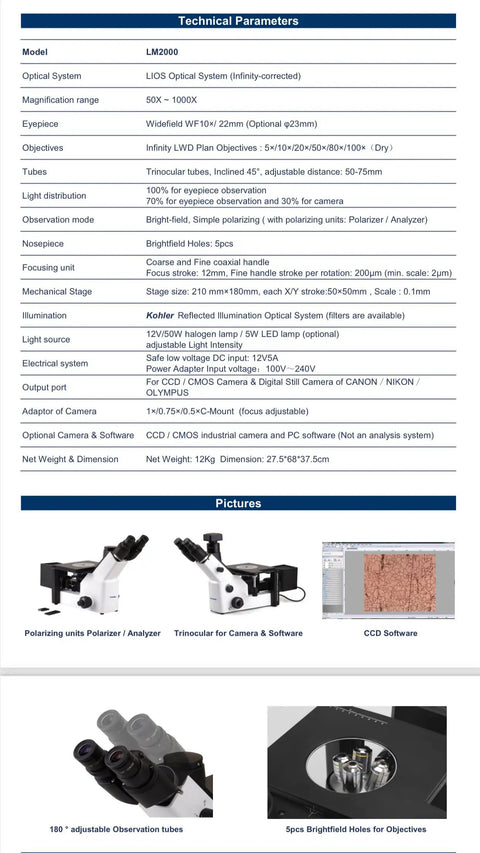 Inverted Metallurgical Microscope LM2000 With Infinity Corrected LIOS Optics Big Field Of View And High Resolution Imaging 50x To 100x Magnification Five LWD Infinity Dry Objectives 5x 10x 20x 50x 100x Brightfield And Polarized Light technical parameters chart
