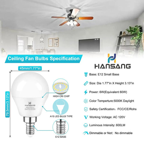 E12 LED Bulbs 60W Equivalent Daylight 5000K 600 Lumen High CRI 85 Plus Non Dimmable Small Base Candelabra LED Light Bulbs 120V