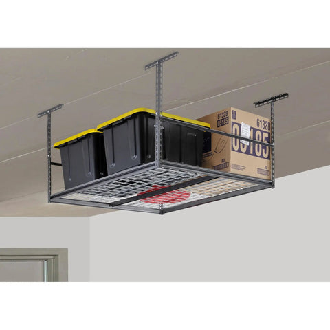 Heavy Duty Steel Ceiling Storage Rack With Wire Deck 47W X 28H X 47D Silver Vein Finish holding boxes and bins overhead.