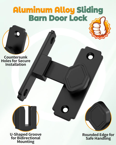 90 Degree Barn Door Lock With Flip Latch, aluminum alloy, showing countersunk holes, U-shaped groove, and rounded edge.