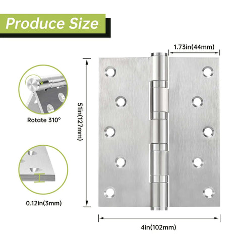 Beefy Heavy Duty Stainless Steel Ball Bearing Door Hinges 5 by 4 Inch 6 Pack size diagram with measurements and features.