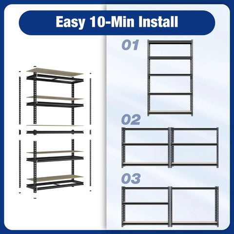 Assembly steps showing Straight Up Heavy Duty Storage Shelves Rock Solid 5 Tier Black Metal Rack 2180 Lb Capacity.