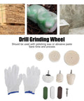 11 Piece Polishing Buffing Wheel Kit With Cotton Flannel Pads And Wax Rod Mount For Cordless Drills, assorted pads and gloves displayed.