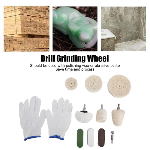 11 Piece Polishing Buffing Wheel Kit With Cotton Flannel Pads And Wax Rod Mount For Cordless Drills, assorted pads and gloves displayed.
