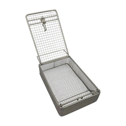 Premium Stainless Steel Parts Washing Basket For Tiny Hardware Top Shelf Perforated Cleaning Rack with open lid showing internal structure.