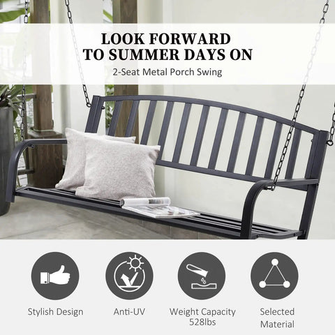 Two Person Front Porch Swing Bench For Outdoor Chill Sessions, Heavy Duty Steel Swing Chair with chains, black finish