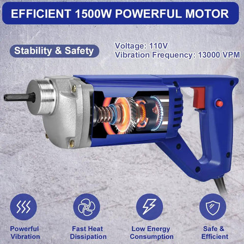 Cutaway of Powerful 1500W Handheld Concrete Vibrator With 15000 VPM, showing internal components, blue design, ergonomic handle