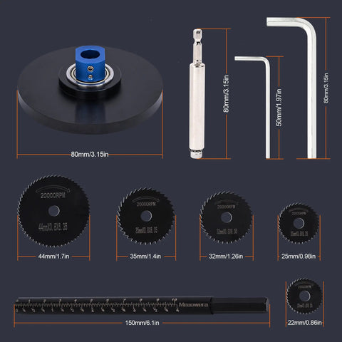 Workhorse Internal Pipe Cutter Set For PVC And ABS Pipes 360 Degree Rotating Cutter With Adjustable Depth Gauge Five Blades Two Mandrels And Two Hex Handles Portable Plumbing Cutter For Confined Spaces components including blade sizes, mandrels, hex handles, and guide disc.