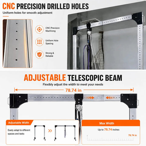 Close-up of CNC precision drilled holes and adjustable telescopic beam on Portable Aluminum Gantry Crane Cranks Out A Rock Solid 4400 Lbs Capacity.