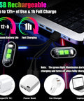 USB rechargeable Premium LED Rock Lights charging next to laptop, showcasing green light indicator, supporting various chargers.