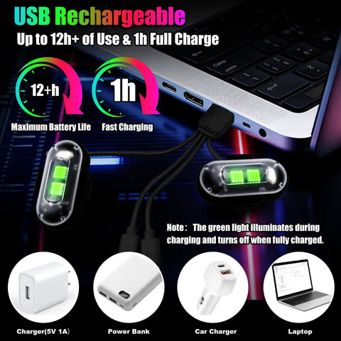 USB rechargeable Premium LED Rock Lights charging next to laptop, showcasing green light indicator, supporting various chargers.