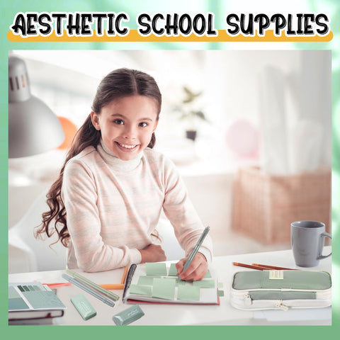 Child using green Back To School Stationery Kit With 38 Piece Aesthetic School Supplies Set for note taking.