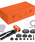 15-Ton Hydraulic Knockout Punch Set For Conduit One Half Inch To Four Inch Handheld Cutter With 10 Dies, orange case, gloves, and accessories