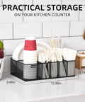 Countertop Paper Plate Organizer With 6 Compartments And Silverware Caddy on kitchen counter with cups and utensils