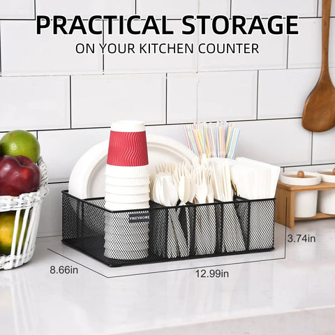 Countertop Paper Plate Organizer With 6 Compartments And Silverware Caddy on kitchen counter with cups and utensils
