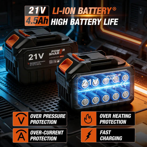 Heavy Duty Brushless Cordless Impact Wrench Delivering 1475 Ft Lbs Knockout Torque And 2000 Nm Beast Mode Power With Smart Three Speed Control. 21V Li-Ion 4.5Ah battery with safety features.
