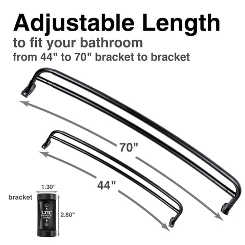Adjustable length of the Badass Double Curved Shower Rod With Hella Elbow Room from 44 to 70 inches, sleek black finish.