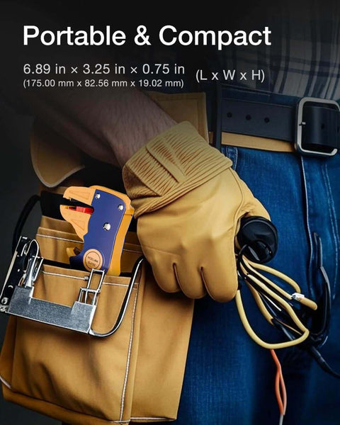 Person holding 2 In 1 Quick Strip Wire Stripper And Cutter For 14 To 24 AWG, stored in tool belt, compact and portable