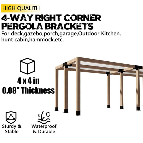 Four Way Right Angle Pergola Corner Brackets For 4x4 Wood Beams With Hardware, Heavy Duty 14 Gauge Steel, Matte Black Outdoor Bracket Set For Gazebos, Outdoor Huts, Cabins And Decks DIY Woodworking
