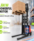 Heavy Duty 3500 Lbs Full Electric Pallet Stacker With Massive 98 Inch Lift Height For High Shelves And Powerful Walkie Control System showcasing a 1.6KW motor.