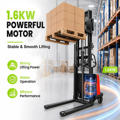 Heavy Duty 3500 Lbs Full Electric Pallet Stacker With Massive 98 Inch Lift Height For High Shelves And Powerful Walkie Control System showcasing a 1.6KW motor.