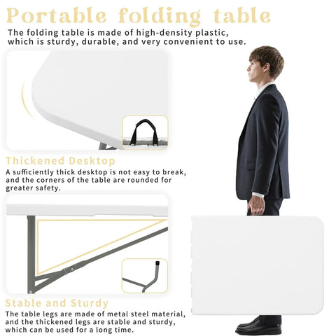 Six Foot Folding Table For Indoor And Outdoor Use, Lightweight Portable Rectangular White Plastic Dining Table With Steel Legs