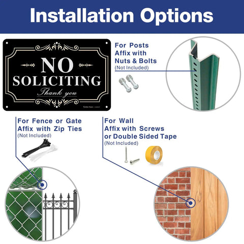 No Soliciting Sign For Home Or Biz 12x8 Inch Rust Free Aluminum Sign Reflective Fade Resistant UV Weather Durable Black With White Letters Keeps Solicitors Away And Lets People Know You Mean It installation options with posts, fence, and wall