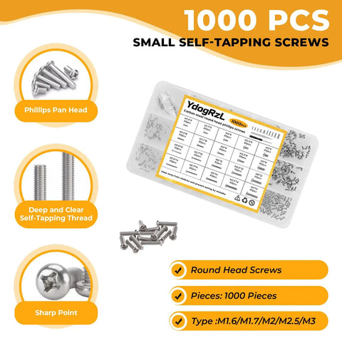 Heavy Duty 1000 Piece Phillips Pan Head Machine Screws Kit With Rust Proof Carbon Steel Fasteners Assorted sizes for electronics repair.