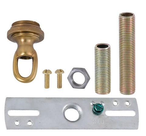 Beefy Antique Brass Cast Brass Screw Collar Ceiling Light Canopy Kit showing collar, screws, crossbar, and threaded rods.