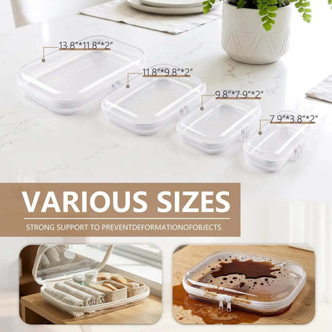 Hella Durable Clear Hard Shell Zipper Cases 6 Pack Water Resistant Storage Pouches for various sizes displayed on a table.