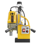 Heavy Duty Portable Magnetic Drill Press With 1400 Watt Copper Motor And Badass Magnetic Hold For Smooth Metal Core Cutting Up To One Point Six Inches Deep Includes Eleven High Speed Steel Hole Saw Bits For Rock Solid Steel Plate Drilling On Site, side view showing controls and motor.