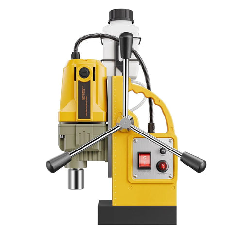 Professional Grade Magnetic Drill Press Delivering Knockout Power With 1400W Copper Motor And Rock Solid 2810 Lbs Magnetic Grip 1.6 Inch Core Drilling Capacity side view with detailed controls.