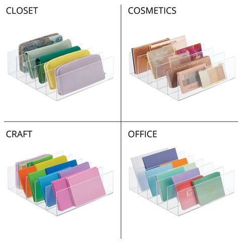 Five-Section Plastic Purse Organizer For Bedroom Closet And Shelf Storage, Vertical Slim Clear Bin holding wallets, cosmetics, craft supplies, office items
