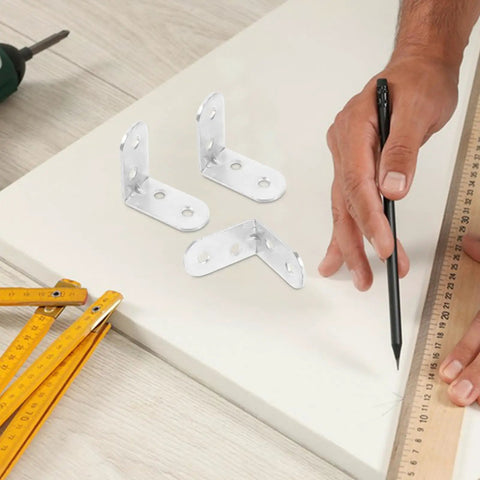 Stainless Steel L Bracket Corner Desk Connector with Easy Install and Compact Design shown on a workspace setup with tools
