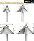 Solid Four Piece Forty Five Degree Chamfer Router Bit Set For Fine Woodworking With Quarter Inch Shank Premium Carbide Cutter. Four chamfer bits with dimensions displayed.
