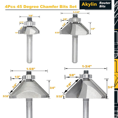 Solid Four Piece Forty Five Degree Chamfer Router Bit Set For Fine Woodworking With Quarter Inch Shank Premium Carbide Cutter. Four chamfer bits with dimensions displayed.